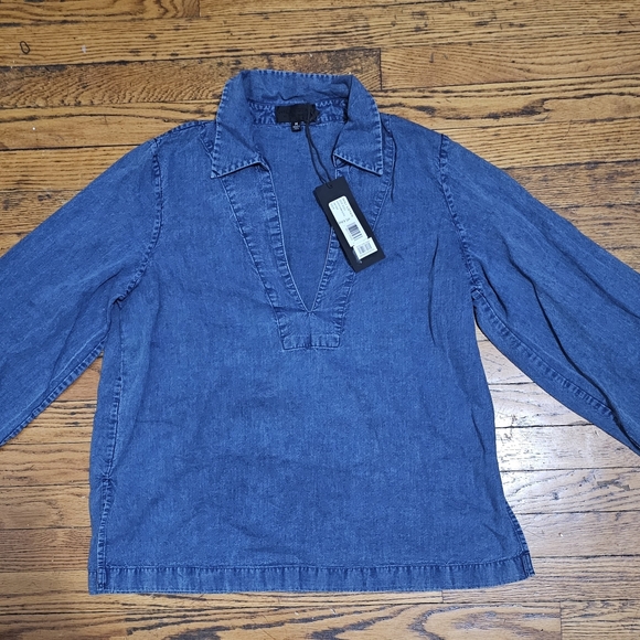 NILI LOTAN PAULETTE CHAMBRAY VINTAGE DENIM BLOUSE - Picture 2 of 8